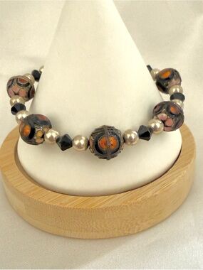 Emily Ray 925 Sterling Silver Beaded Bracelet Crystal Artisan Orange Black